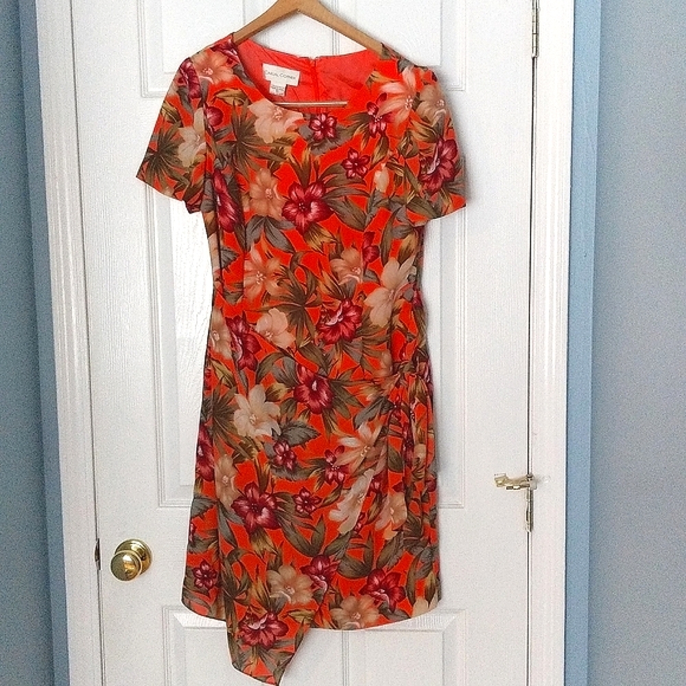 Casual Corner Vacation orange floral wrap style dress Sz 10